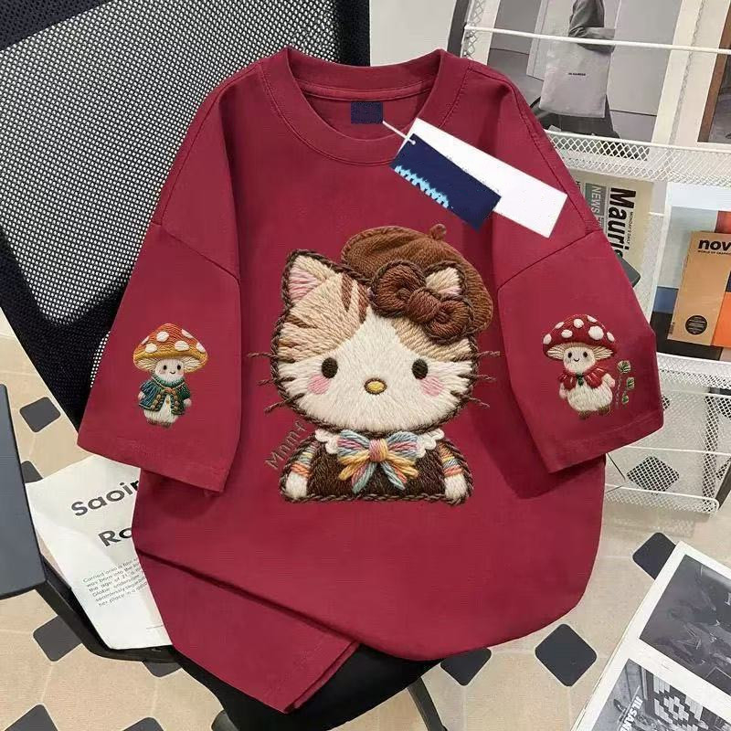 Unisex crvena majica kratkih rukava od 100% pamuka s motivom mačke u karikaturi i efektom veza, ljeto 2026
