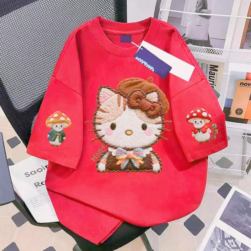 Unisex crvena majica kratkih rukava od 100% pamuka s motivom mačke u karikaturi i efektom veza, ljeto 2026