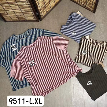 Ženski pamučni prugasti T‑shirt, ljeto, slobodan kroj, okrugli izrez, 3/4 rukavi, kratka duljina, stil 9511