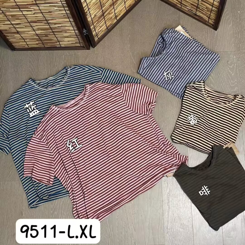 Ženski pamučni prugasti T‑shirt, ljeto, slobodan kroj, okrugli izrez, 3/4 rukavi, kratka duljina, stil 9511