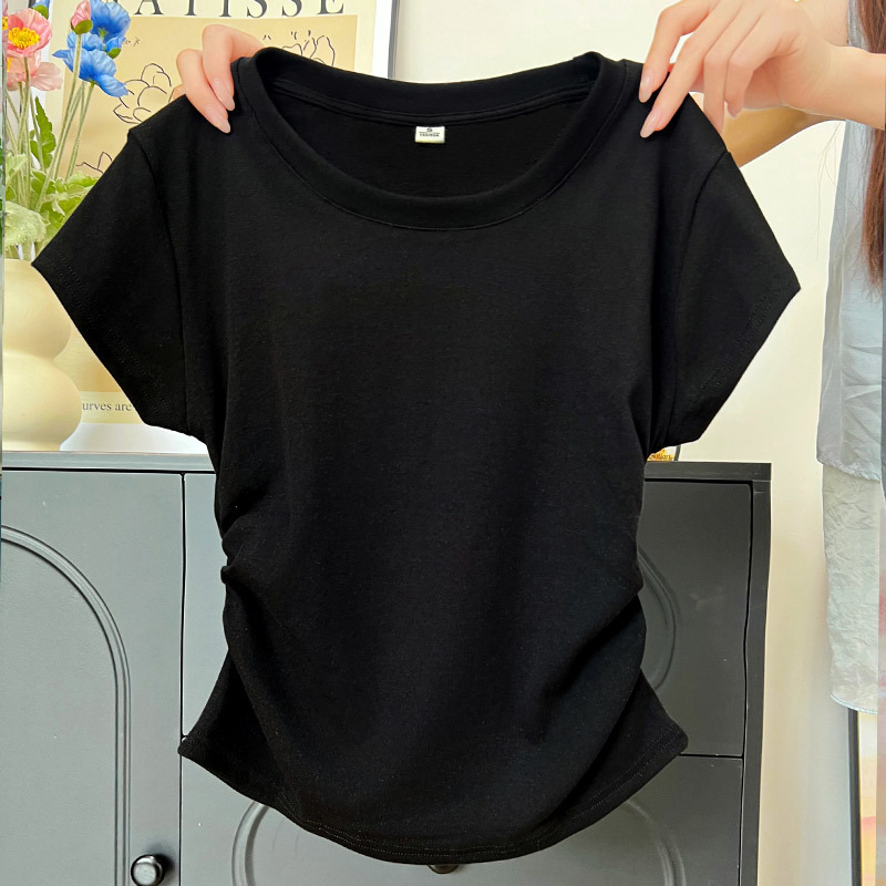 H595 Ženski T-shirt s okruglim izrezom za ljeto, lagan, uski kroj, naborana tekstura, kratki rukavi, pamuk s elastanom