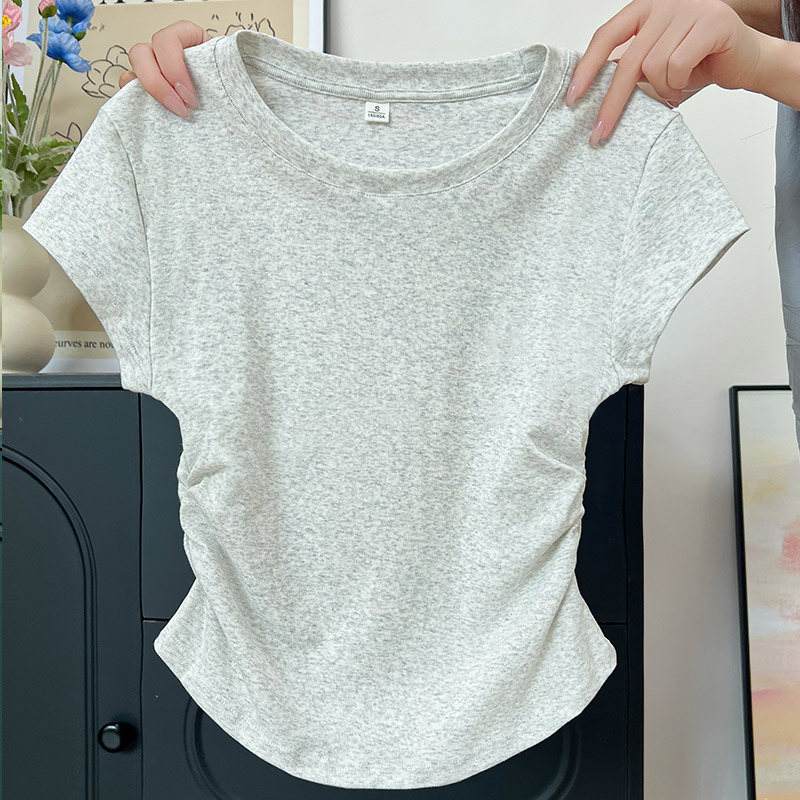H595 Ženski T-shirt s okruglim izrezom za ljeto, lagan, uski kroj, naborana tekstura, kratki rukavi, pamuk s elastanom