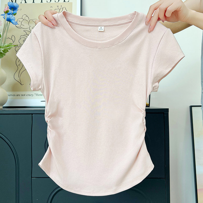 H595 Ženski T-shirt s okruglim izrezom za ljeto, lagan, uski kroj, naborana tekstura, kratki rukavi, pamuk s elastanom