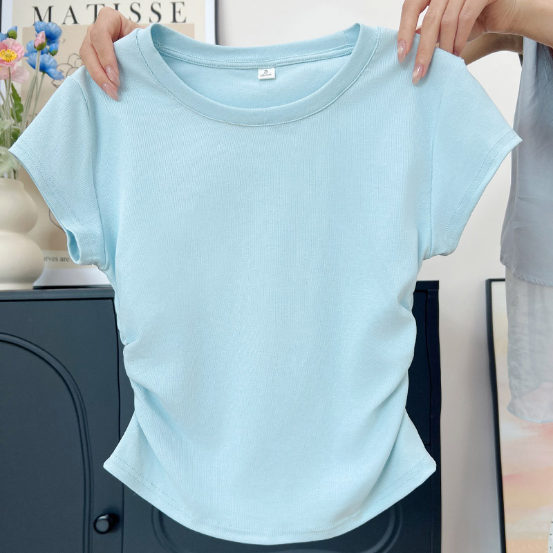 H595 Ženski T-shirt s okruglim izrezom za ljeto, lagan, uski kroj, naborana tekstura, kratki rukavi, pamuk s elastanom