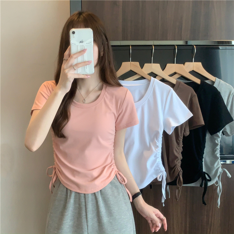Ženska majica s vezicama na donjem rubu, kratkih rukava, ljetni model 2025, korejskog stila uski kroj, cropped top za studentice