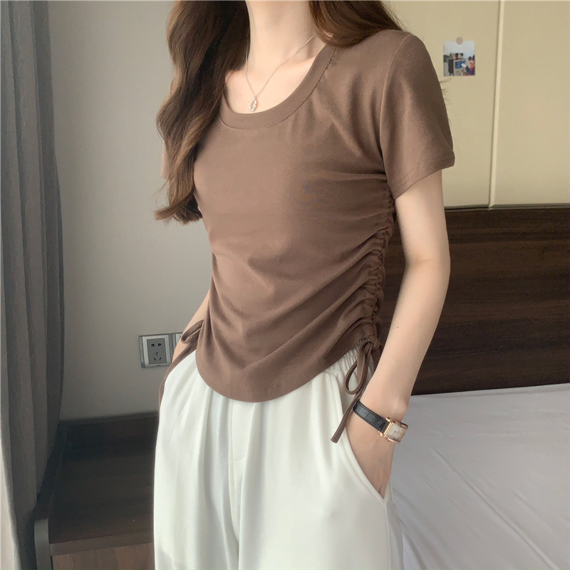 Ženska majica s vezicama na donjem rubu, kratkih rukava, ljetni model 2025, korejskog stila uski kroj, cropped top za studentice