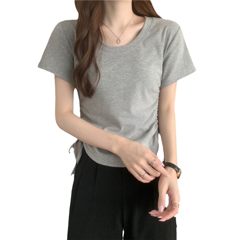 Ženska majica s vezicama na donjem rubu, kratkih rukava, ljetni model 2025, korejskog stila uski kroj, cropped top za studentice