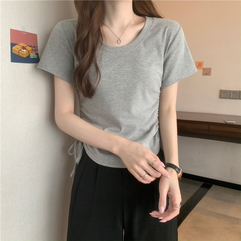 Ženska majica s vezicama na donjem rubu, kratkih rukava, ljetni model 2025, korejskog stila uski kroj, cropped top za studentice