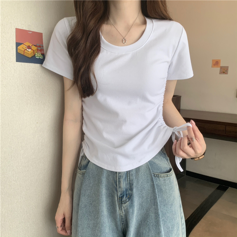Ženska majica s vezicama na donjem rubu, kratkih rukava, ljetni model 2025, korejskog stila uski kroj, cropped top za studentice