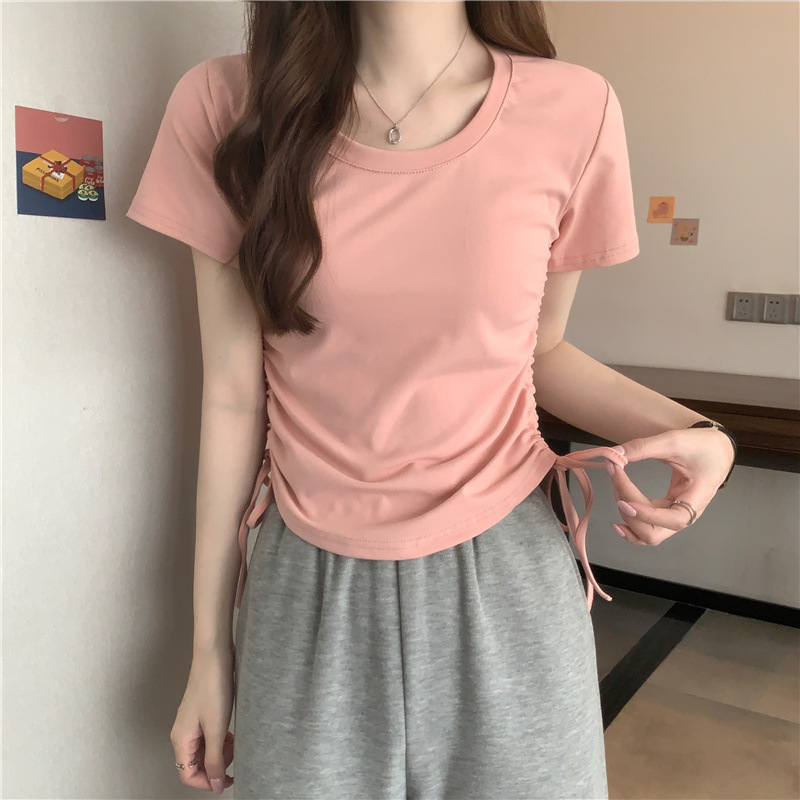 Ženska majica s vezicama na donjem rubu, kratkih rukava, ljetni model 2025, korejskog stila uski kroj, cropped top za studentice
