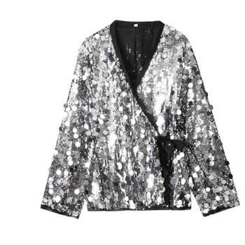 Őszi női ing európai stílusban, egyszínű, kimono-stílusú részletekkel és flitterekkel, V-nyakú