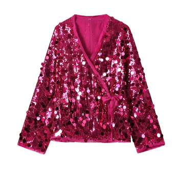 Őszi női ing európai stílusban, egyszínű, kimono-stílusú részletekkel és flitterekkel, V-nyakú