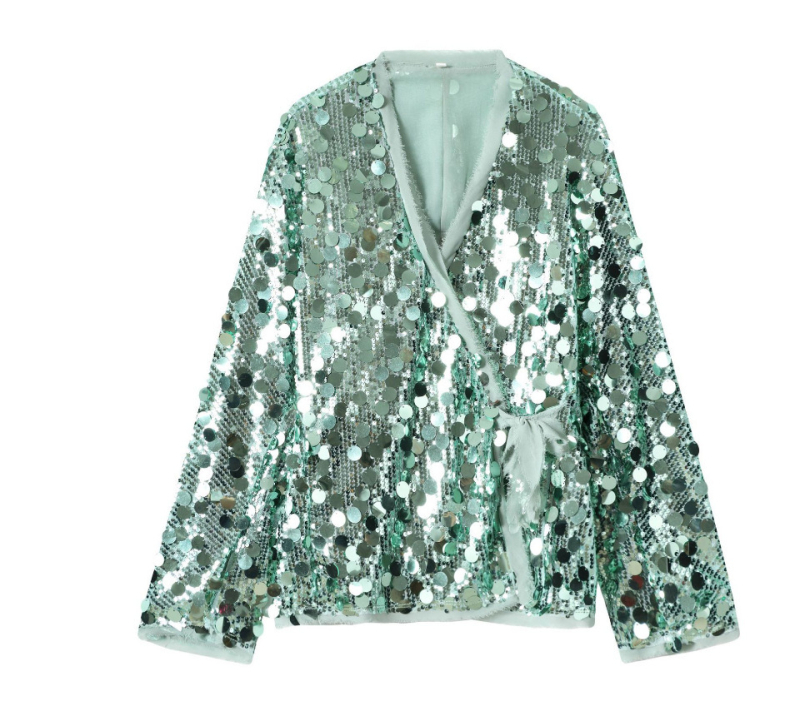 Őszi női ing európai stílusban, egyszínű, kimono-stílusú részletekkel és flitterekkel, V-nyakú
