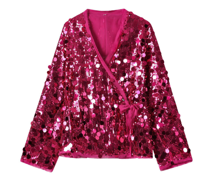 Őszi női ing európai stílusban, egyszínű, kimono-stílusú részletekkel és flitterekkel, V-nyakú
