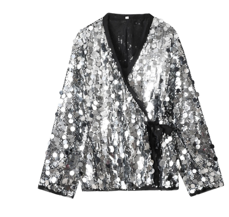 Őszi női ing európai stílusban, egyszínű, kimono-stílusú részletekkel és flitterekkel, V-nyakú