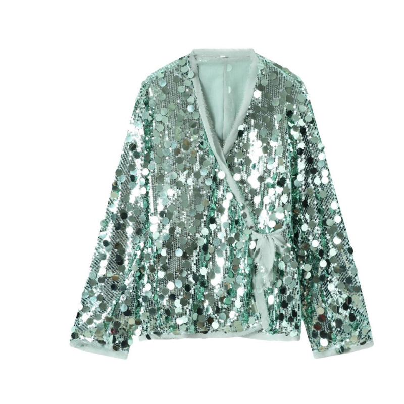Őszi női ing európai stílusban, egyszínű, kimono-stílusú részletekkel és flitterekkel, V-nyakú