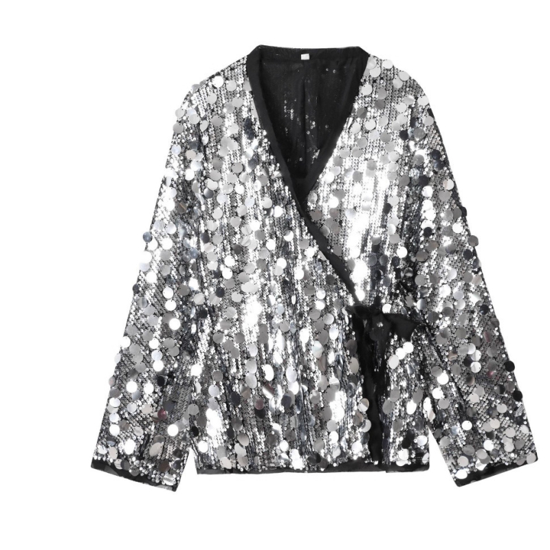 Őszi női ing európai stílusban, egyszínű, kimono-stílusú részletekkel és flitterekkel, V-nyakú