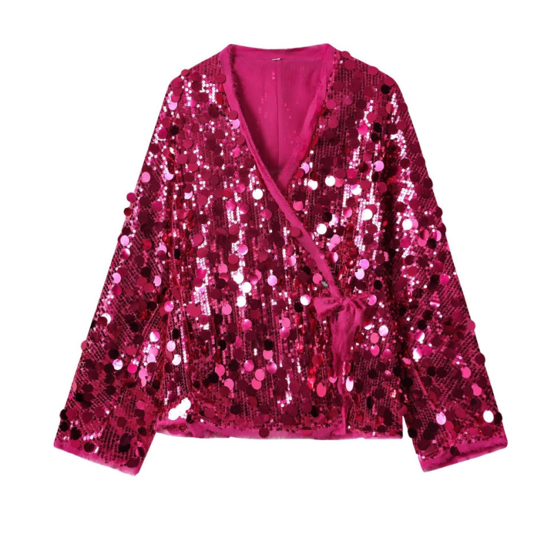 Őszi női ing európai stílusban, egyszínű, kimono-stílusú részletekkel és flitterekkel, V-nyakú