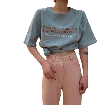 Majica s potiskom slova u korejskom stilu, širokog kroja, kratkih rukava, ženski casual top, materijal poliester-elastan