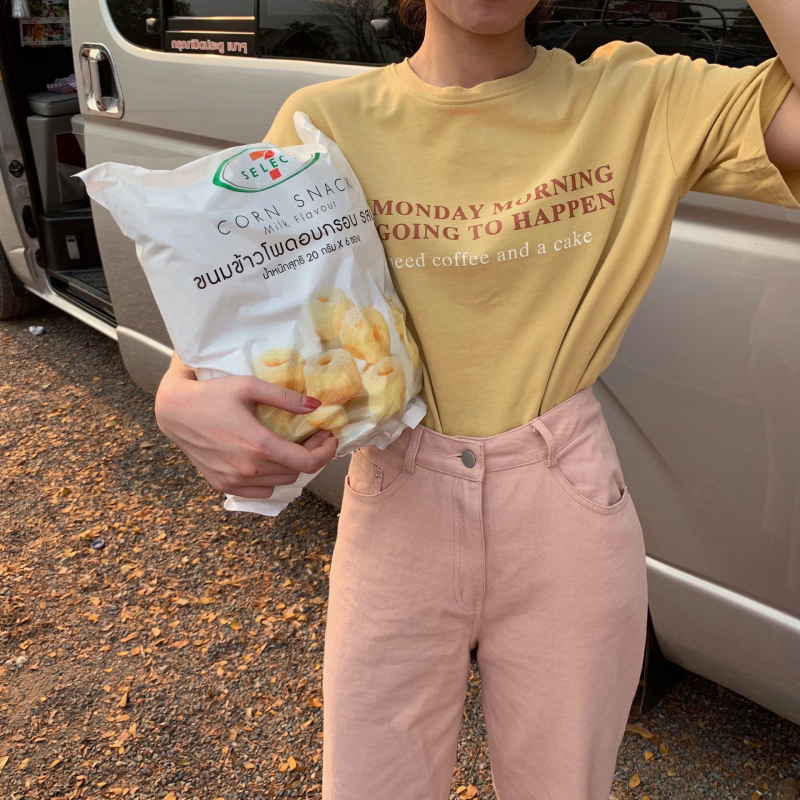 Majica s potiskom slova u korejskom stilu, širokog kroja, kratkih rukava, ženski casual top, materijal poliester-elastan