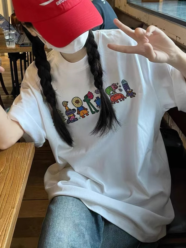 Ženski pamučni T-shirt s printsom anime i crtića, kratki rukavi, udoban široki kroj, svakodnevno nošenje