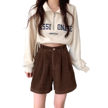 Ženski corduroy šorc s visokim strukom, A-linija, široke nogavice, casual jesenski stil