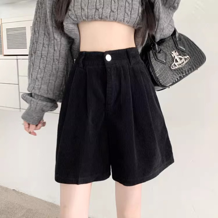 Ženski corduroy šorc s visokim strukom, A-linija, široke nogavice, casual jesenski stil