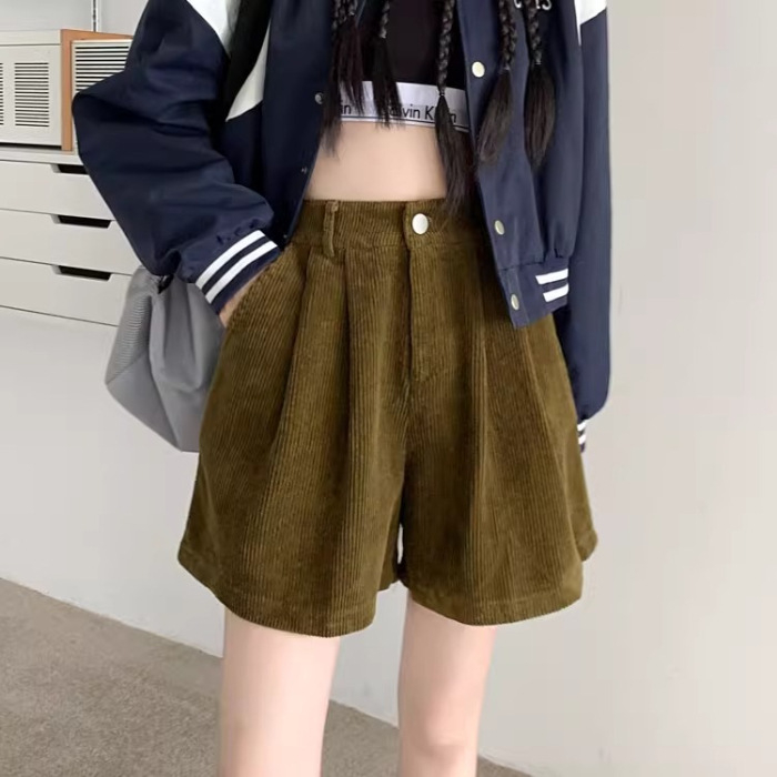 Ženski corduroy šorc s visokim strukom, A-linija, široke nogavice, casual jesenski stil
