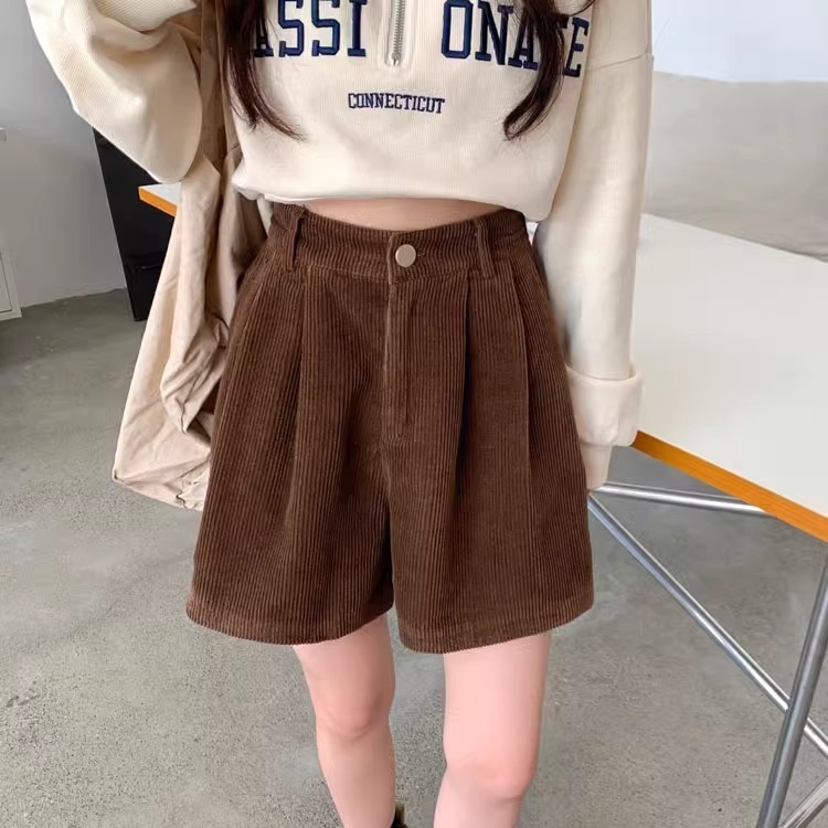 Ženski corduroy šorc s visokim strukom, A-linija, široke nogavice, casual jesenski stil