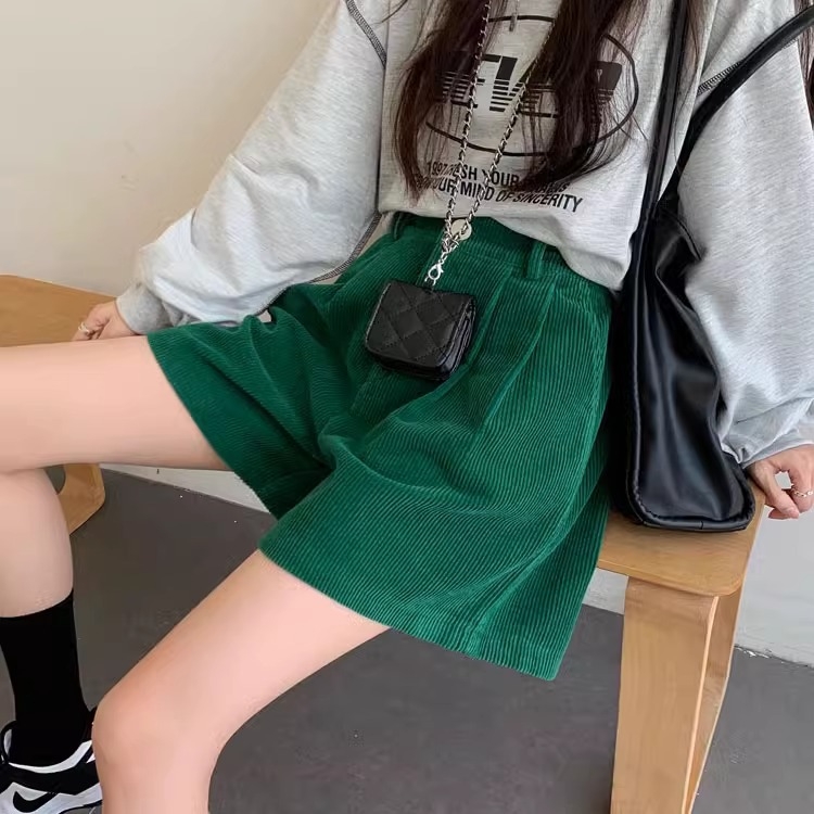 Ženski corduroy šorc s visokim strukom, A-linija, široke nogavice, casual jesenski stil