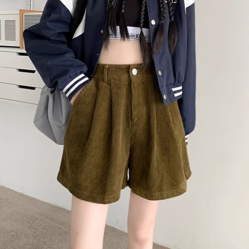 Ženski corduroy šorc s visokim strukom, A-linija, široke nogavice, casual jesenski stil