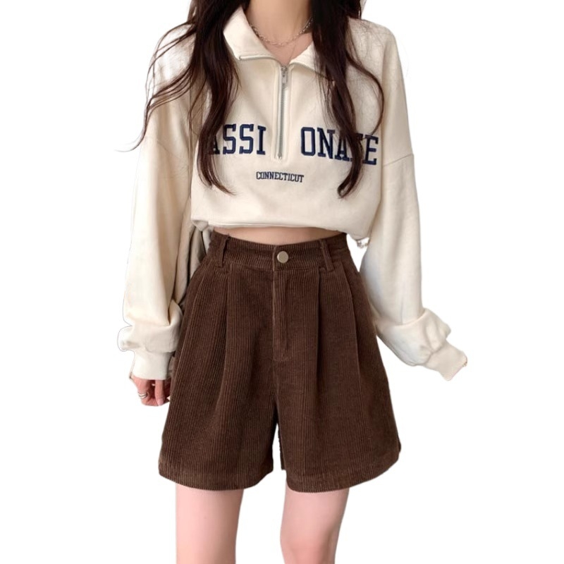 Ženski corduroy šorc s visokim strukom, A-linija, široke nogavice, casual jesenski stil