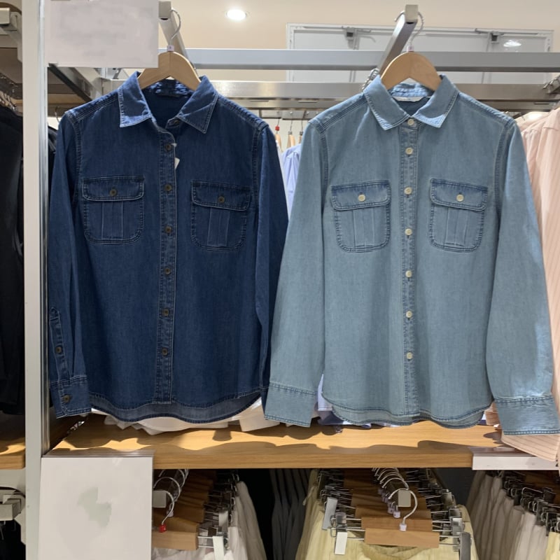 Γυναικείο denim πουκάμισο με patchwork, μακριά μανίκια, φαρδιά γραμμή