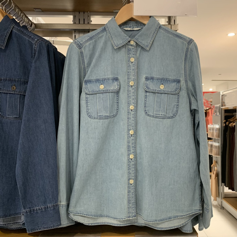 Γυναικείο denim πουκάμισο με patchwork, μακριά μανίκια, φαρδιά γραμμή