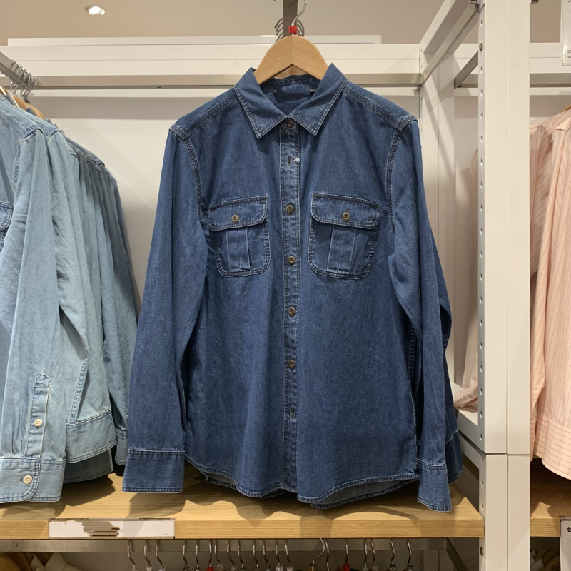 Γυναικείο denim πουκάμισο με patchwork, μακριά μανίκια, φαρδιά γραμμή