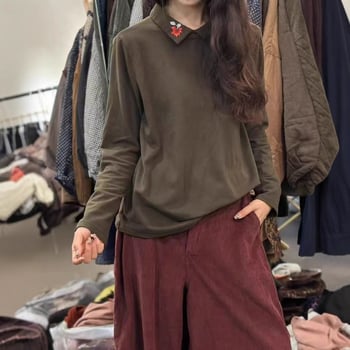 Ženski dvostrano baršunasti top s izvezenim ovratnikom, za jesen-zimu, retro stil, dugih rukava