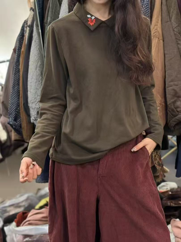 Ženski dvostrano baršunasti top s izvezenim ovratnikom, za jesen-zimu, retro stil, dugih rukava