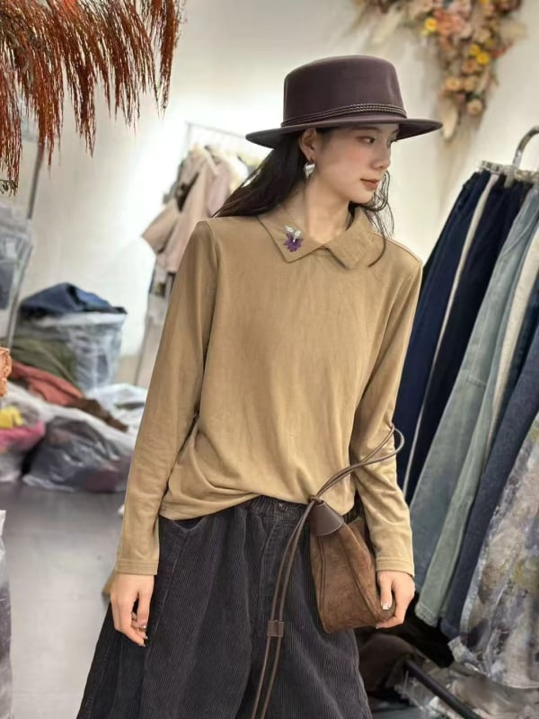 Ženski dvostrano baršunasti top s izvezenim ovratnikom, za jesen-zimu, retro stil, dugih rukava