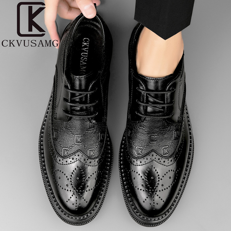 CKVUSAMG Férfi bőr brogues cipő – brit stílus, első réteg marhabőr, gravírozott mintázat, formális férfi cipő