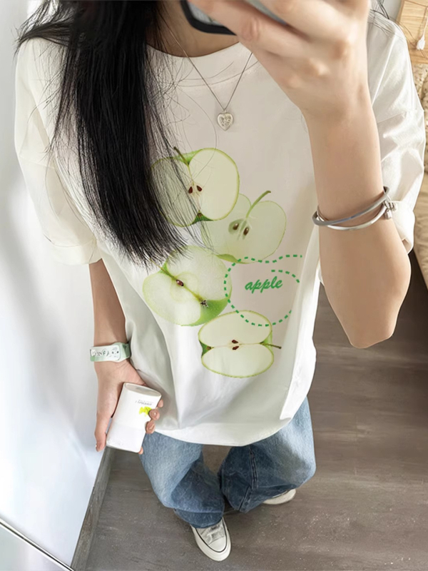 Λευκό γυναικείο κοντομάνικο βαμβακερό T-shirt, 2026 νέα μόδα, ελαφριά γραμμή, εκτύπωση με κείμενο, καθημερινό καλοκαιρινό τοπ, στρογγυλός λαιμός, μεσαίο μήκος