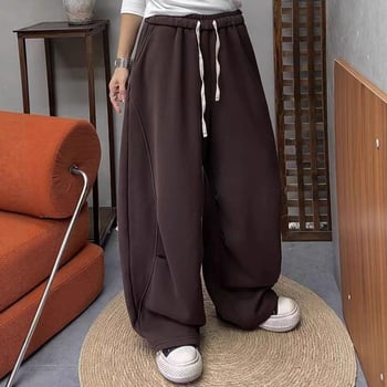 Ženske široke hlače za jesen-zimu u korejskom stilu, s plisiranjem na koljenima, elastični pojas, fleece podstava, casual svakodnevna upotreba