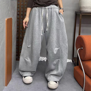 Ženske široke hlače za jesen-zimu u korejskom stilu, s plisiranjem na koljenima, elastični pojas, fleece podstava, casual svakodnevna upotreba