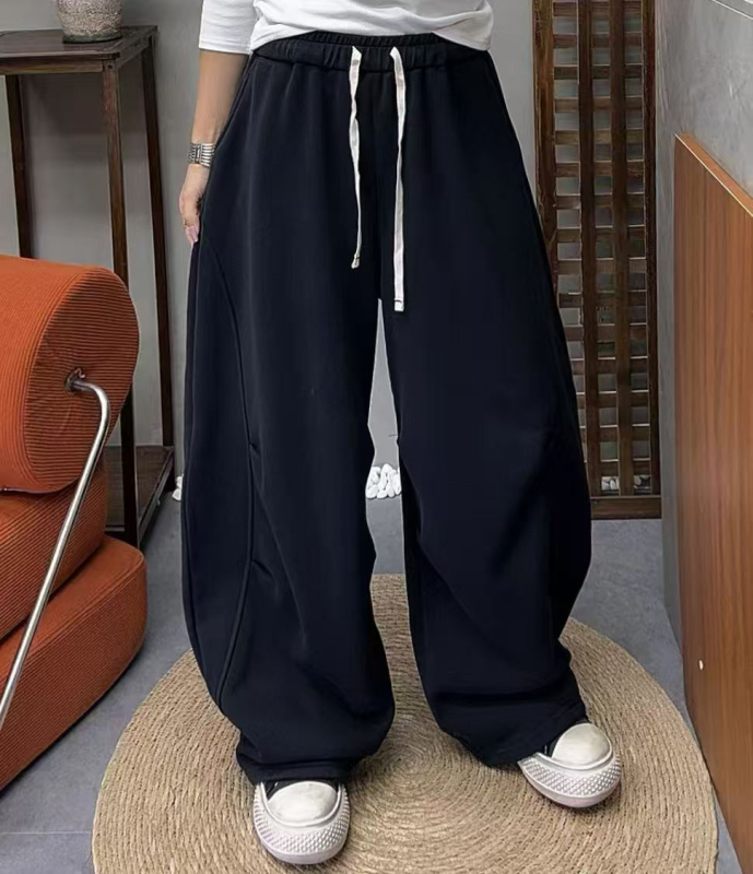 Ženske široke hlače za jesen-zimu u korejskom stilu, s plisiranjem na koljenima, elastični pojas, fleece podstava, casual svakodnevna upotreba