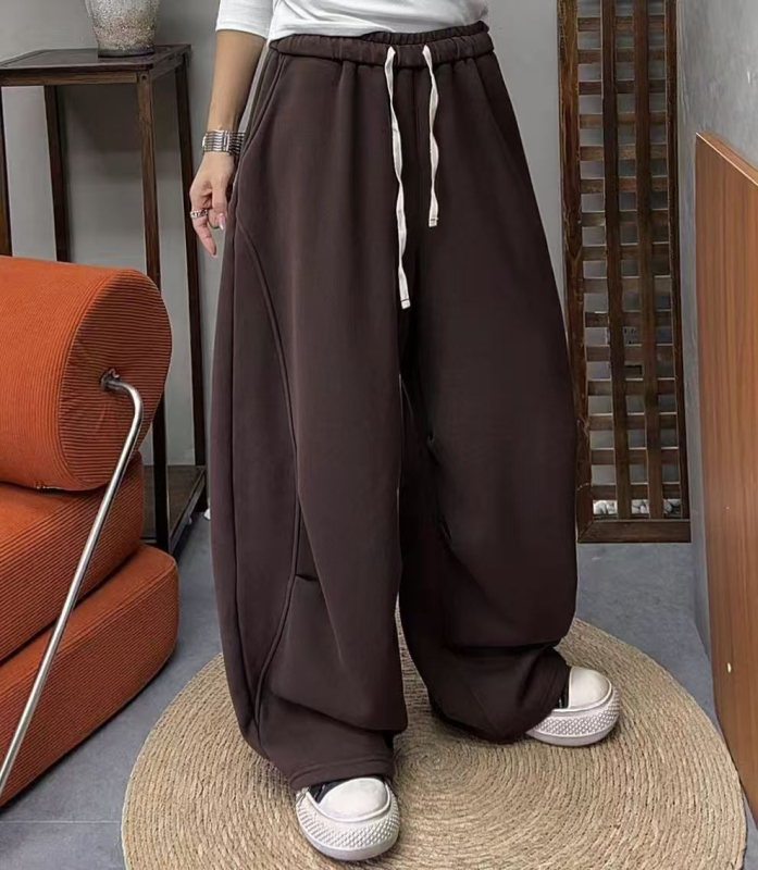 Ženske široke hlače za jesen-zimu u korejskom stilu, s plisiranjem na koljenima, elastični pojas, fleece podstava, casual svakodnevna upotreba