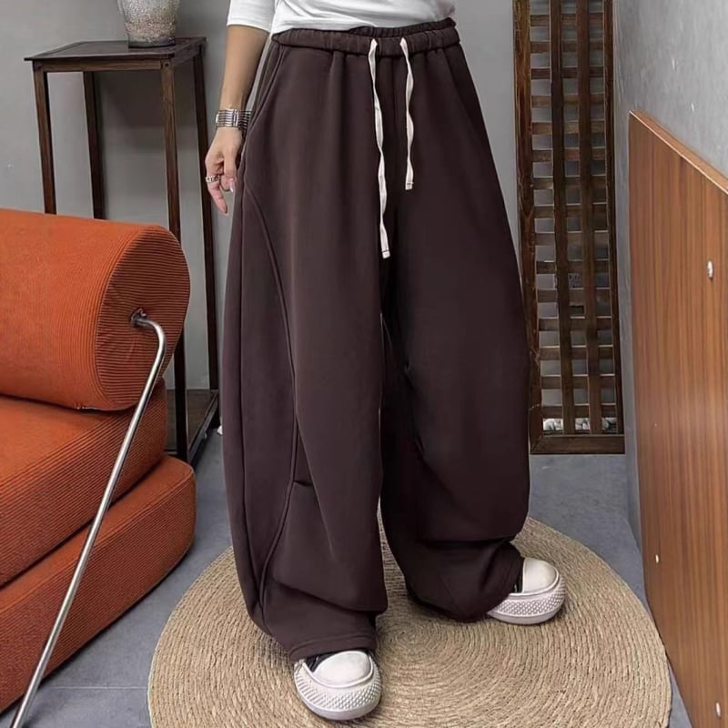 Ženske široke hlače za jesen-zimu u korejskom stilu, s plisiranjem na koljenima, elastični pojas, fleece podstava, casual svakodnevna upotreba