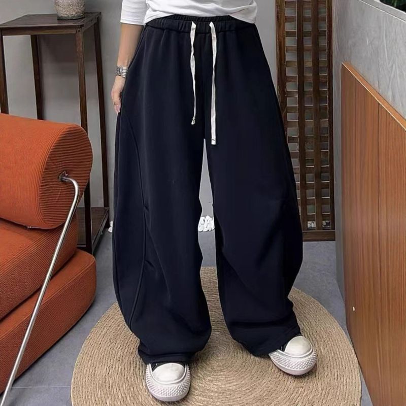 Ženske široke hlače za jesen-zimu u korejskom stilu, s plisiranjem na koljenima, elastični pojas, fleece podstava, casual svakodnevna upotreba