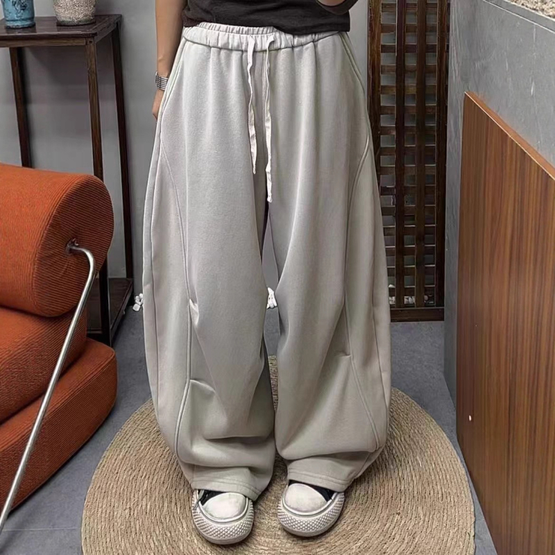 Ženske široke hlače za jesen-zimu u korejskom stilu, s plisiranjem na koljenima, elastični pojas, fleece podstava, casual svakodnevna upotreba
