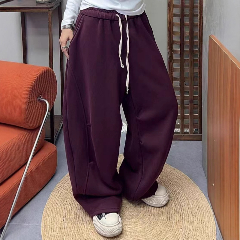 Ženske široke hlače za jesen-zimu u korejskom stilu, s plisiranjem na koljenima, elastični pojas, fleece podstava, casual svakodnevna upotreba