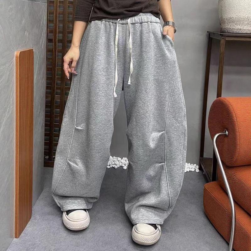 Ženske široke hlače za jesen-zimu u korejskom stilu, s plisiranjem na koljenima, elastični pojas, fleece podstava, casual svakodnevna upotreba