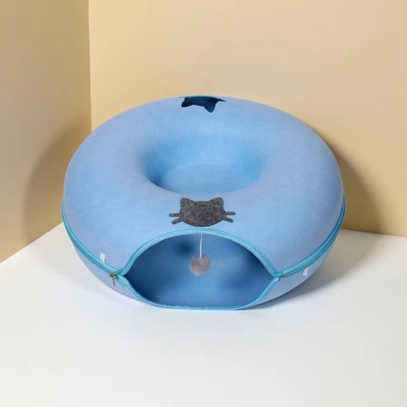 Cuib de pisică în formă de donut cu tunel, jucărie pentru toate anotimpurile, adăpost de iarnă confortabil